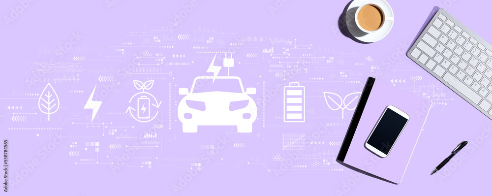 EV concept with a computer keyboard and office items EV concept with a computer keyboard and office items