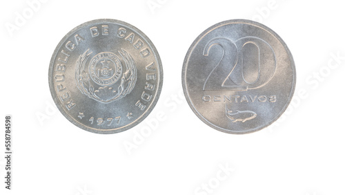 Republic of Cape Verde 20 centavos coin year 1977,obverse and reverse side on white background,macro close up photo