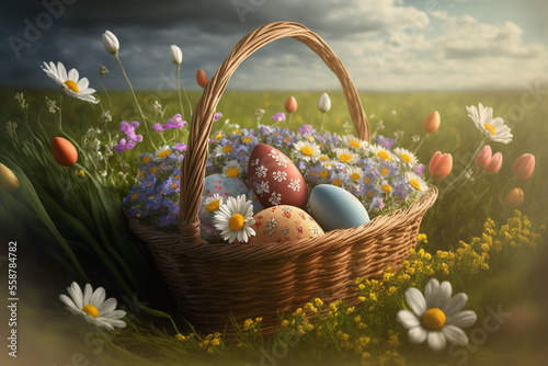 easter eggs in a basket with flowers, generative ai