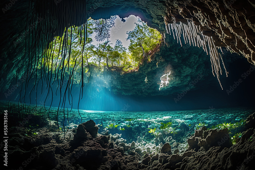 Obraz premium View in a submerged cenote with stalactites underwater, cave diving, and Yucatan, Mexico. Generative AI