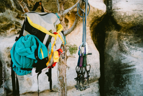 Gear hanging on a tree in Red Rock Canyon, Nevada photo