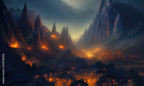Mystic, fairy mountains evening landscape with town lights in the valley. An original, high quality, big size digital graphical work, mixed media. Based on AI generated image.