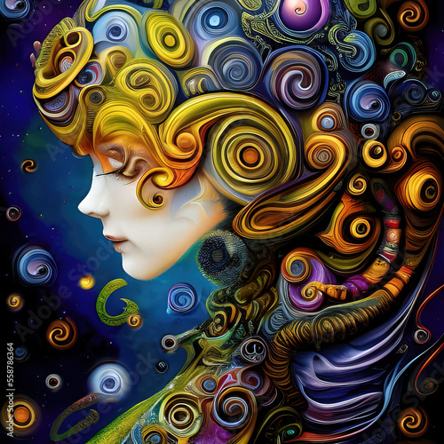 Ornamental abstract artistic swirly girl portrait. An original, high quality, big size digital graphical work, mixed media. Based on AI generated image.