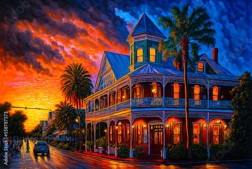 Key West, Florida, sunset, street, painting. Generative AI