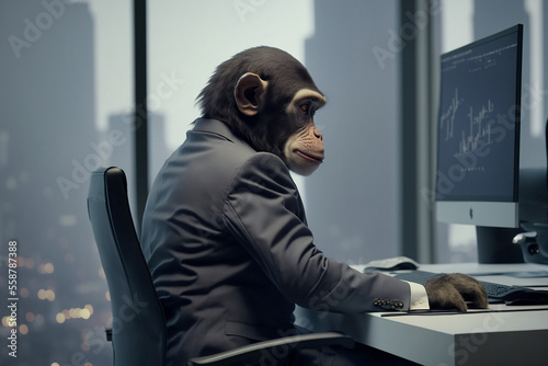 Affe im Business- Anzug, sitzt im Büro vor dem Computer. Das Büro hat eine fantastische Aussicht auf eine Großstadt. photo