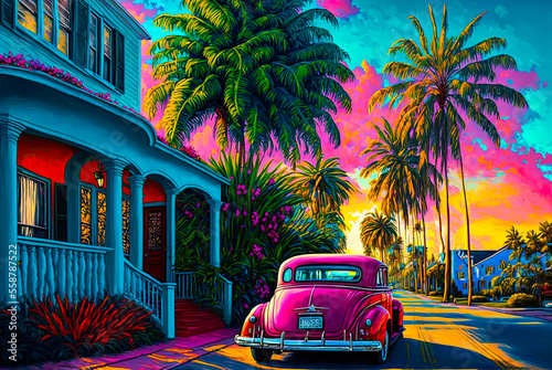 Miami, Florida, classic car, painting. Generative AI © Sunshower Shots