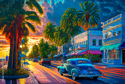 Miami, Florida, city, street, car, painting. Generative AI © Sunshower Shots