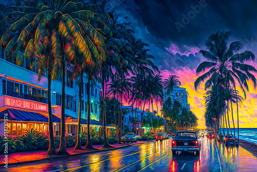 Miami, Florida, city, night, painting. Generative AI