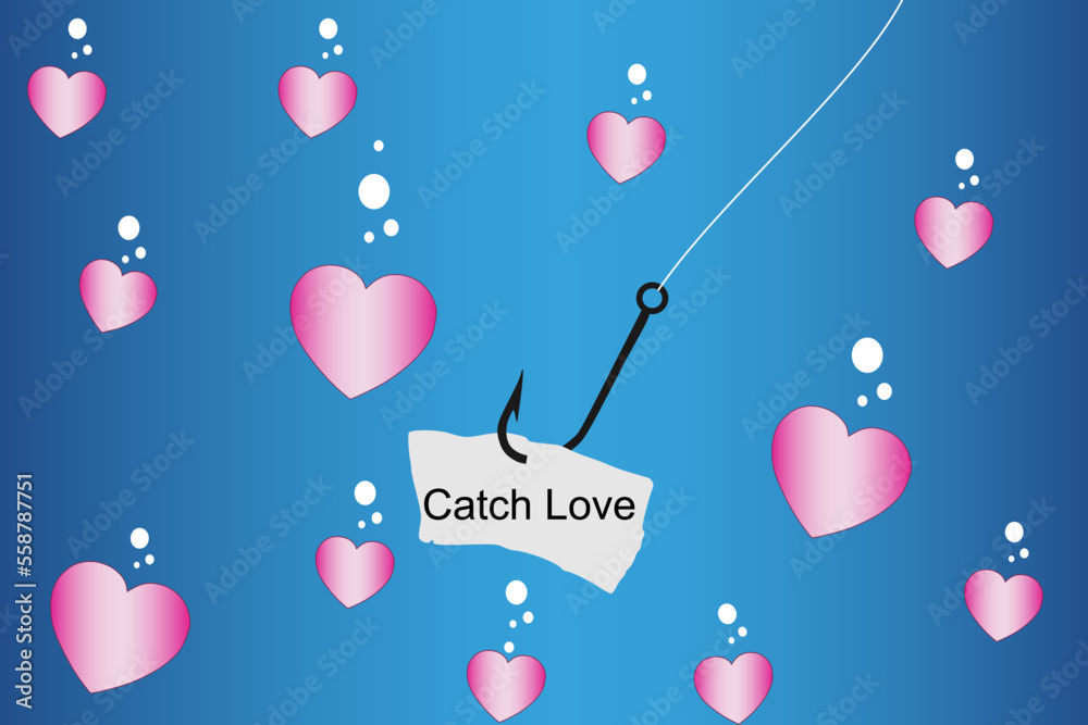 Vector illustration of a fish hook with hooked hearts on them, catch love