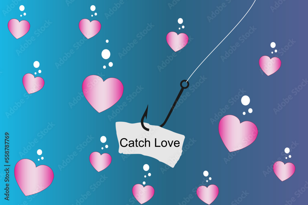 Vector illustration of a fish hook with a bunch of hearts surrounding