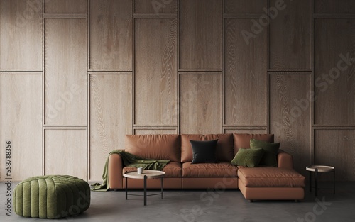3d rendering of modern living room with leather brown sofa, coffee table, green velvet pouf, decorative pillows. Decorative wooden panel. Frame mockup. Template. 