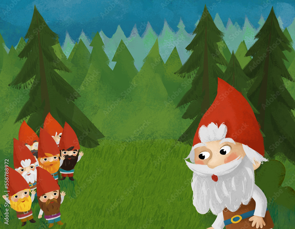 Obraz premium cartoon scene with dwarfs in the forest illustration