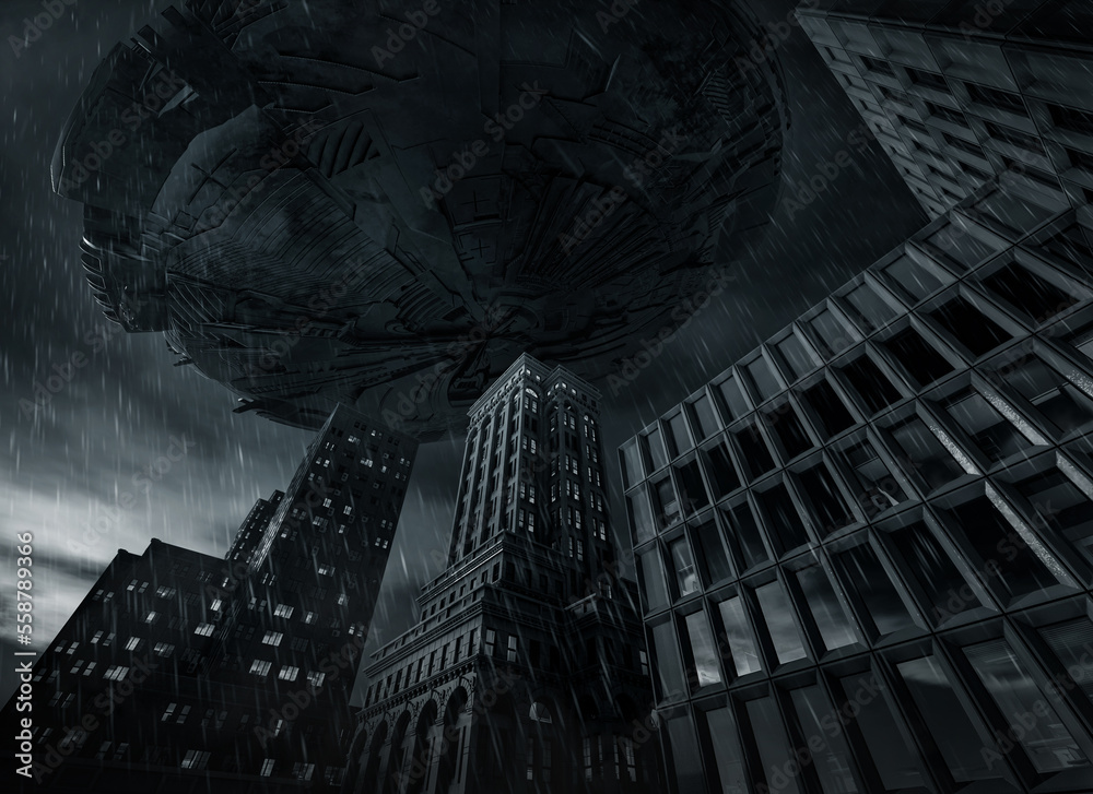 UFO flying over city, 3D illustration - obrazy, fototapety, plakaty 