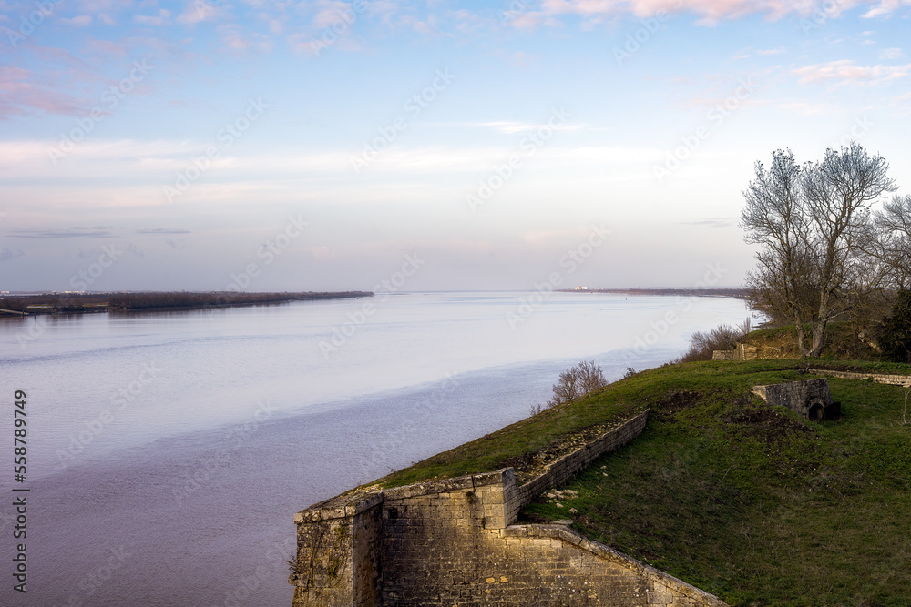 View of the Gironde Estuary on an autumn afternoon from the citadel of Blaye, Nouvelle-Aquitaine, France