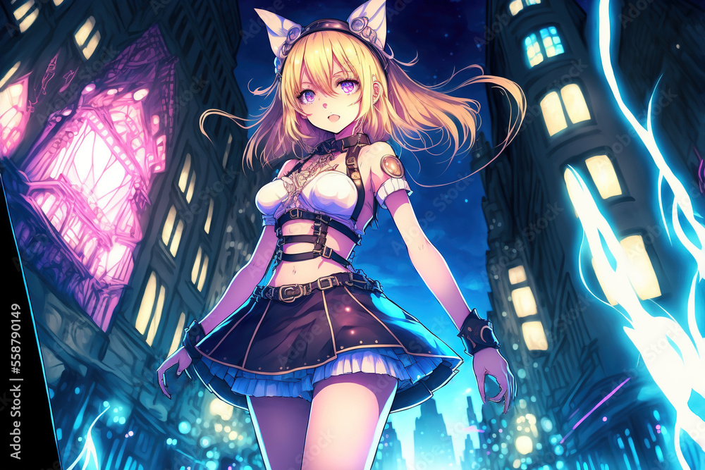 A cute anime girl with bunny ears in a bright and colorful fantasy city at  night, wearing a skirt and a bra, kawaii, generative ai Stock-illustration  | Adobe Stock