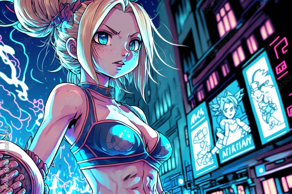 A cute anime girl standing in a bright and colorful neon light city at  night, wearing a bra and surrounded by blue signs, generative ai Stock  Illustration | Adobe Stock