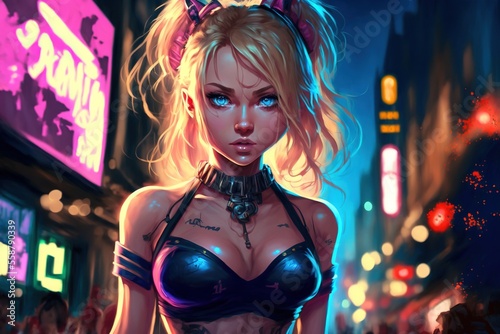 Fotografija A sexy anime girl standing in a bright, Tokyo style cyberpunk neon city at night