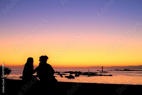 silhouette of a couple at sunset beach