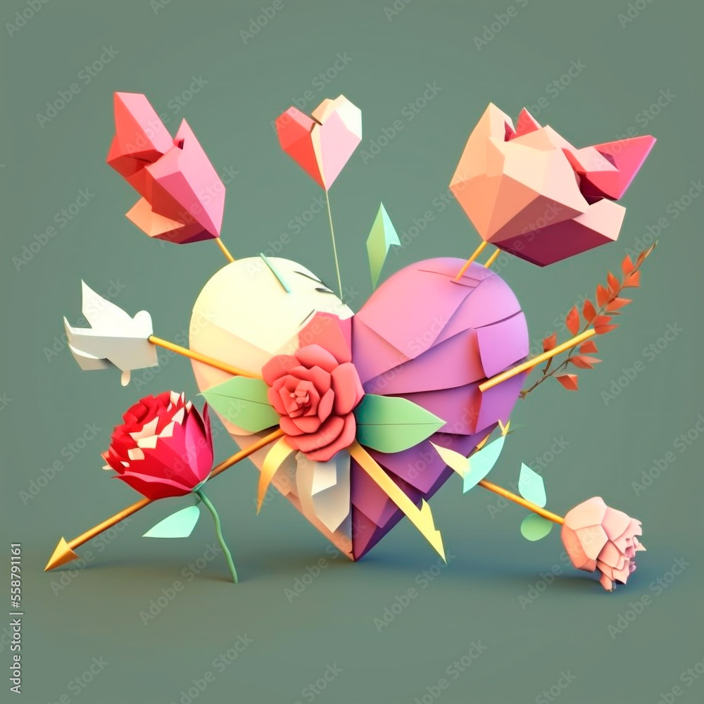 Obraz premium Corazón y flores low poly - Día de San Valentín