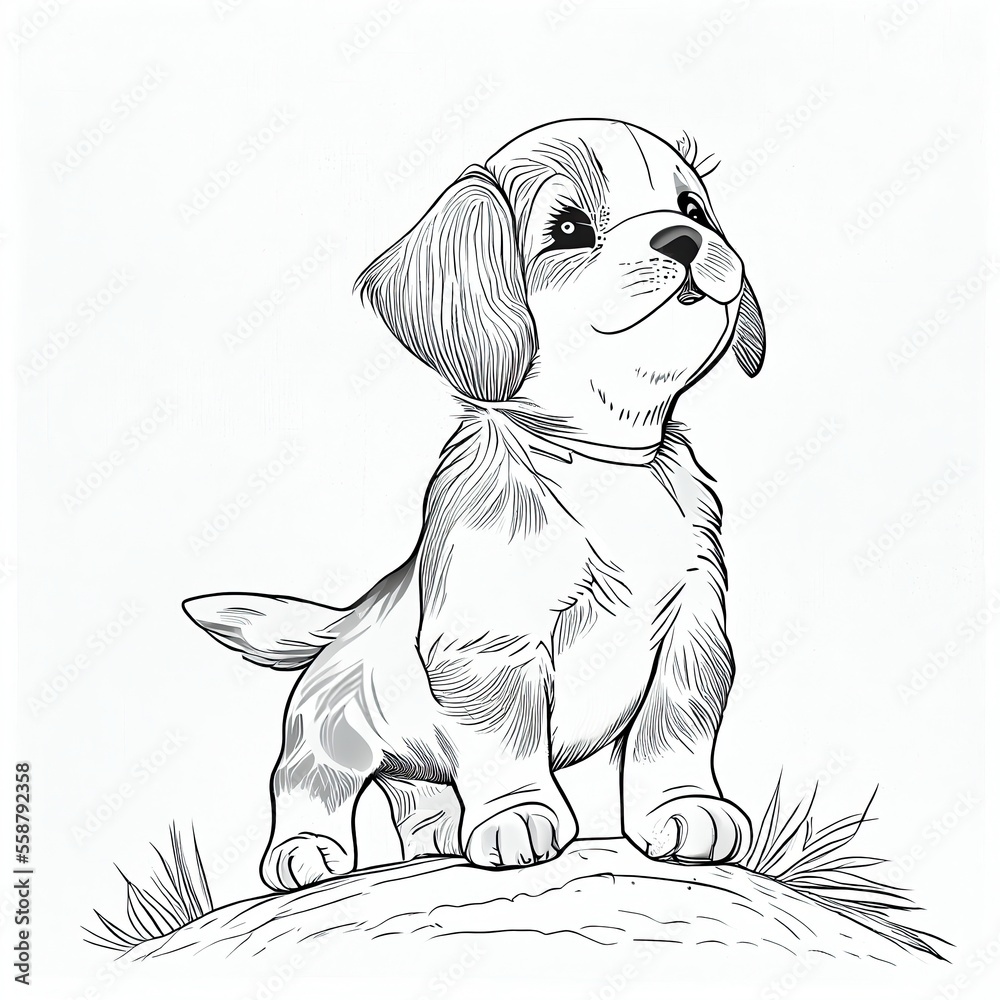 Outline illustration of dog for coloring book page. Spring background