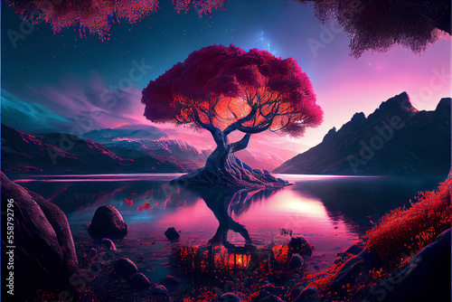 Beautiful fantasy a single paradise tree with mountain and lake. Generative AI illustration photo