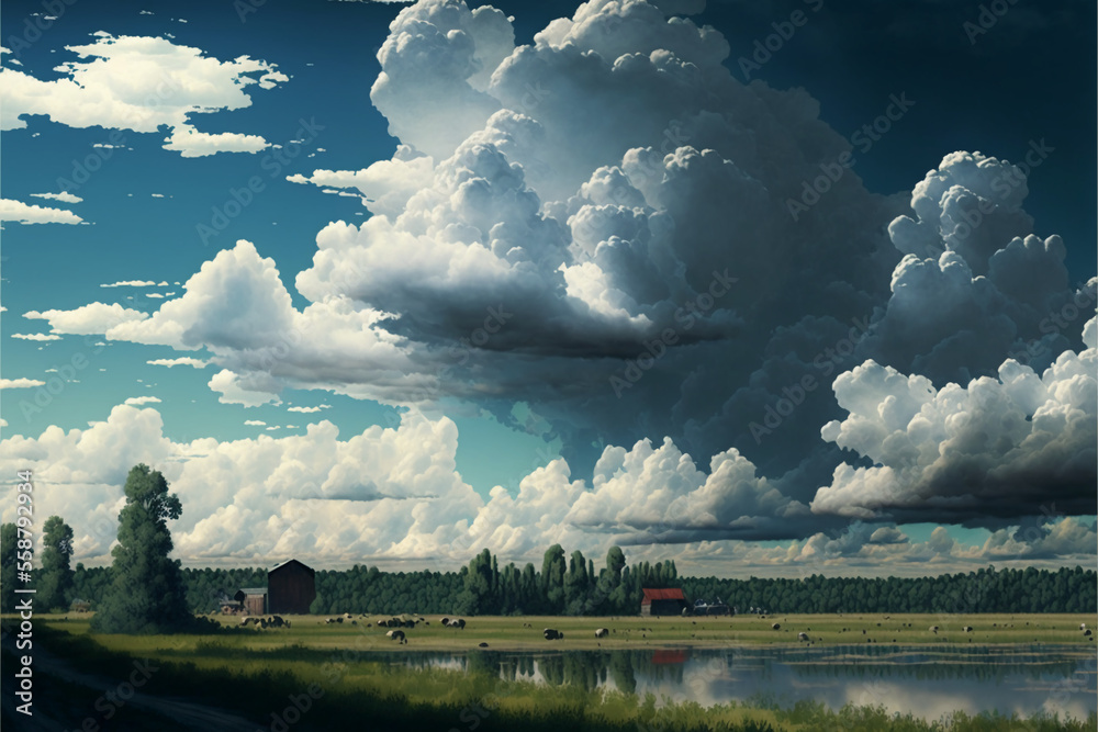 Clouds in a beautiful landscape. Cloudy day, cloudy weather. Generative AI. Clouds in a beautiful landscape. Cloudy day, cloudy weather. Generative AI.