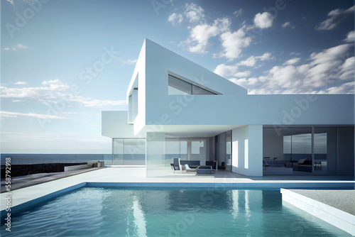 Beautiful residential villa. Modern architecture with swimming pool, a tree and sea view. Generative AI illustration © ardanz