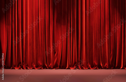 3D Closed vibrant red satin curtain drapes on maroon red stage floor with spotlight from top for luxury performance, show, concert, theater, exhibition event background