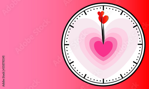pink clock face isolated on red and pink background with heart shaped pointers counting down