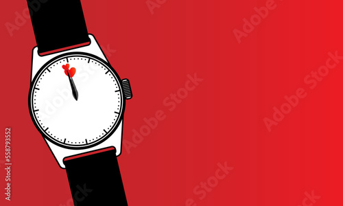 illustration black wrist watch with round white dial and heart pointers on red isolated background