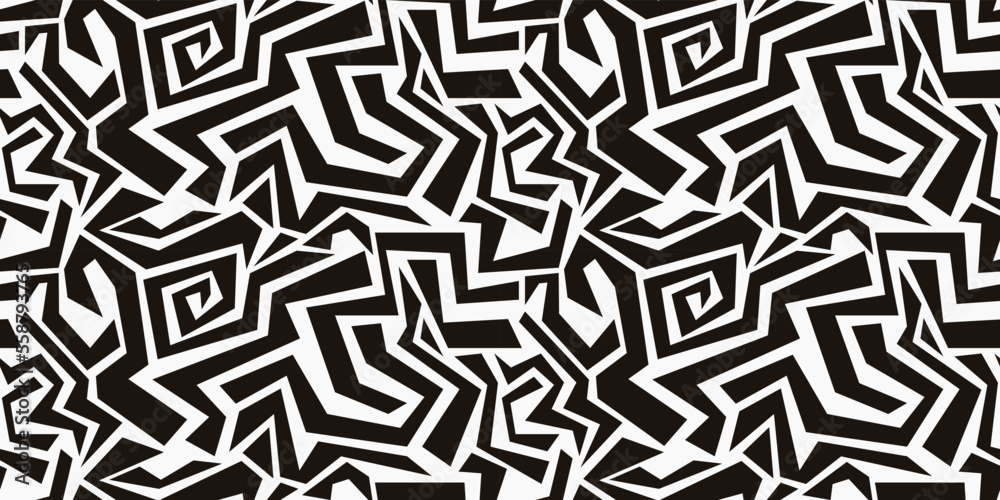 Graffiti corner labyrinths, black graffiti abstract pattern. Seamless vector pattern for surface prints, packaging, notebooks, wallpapers, textiles, pillows, cups, and other interiors.