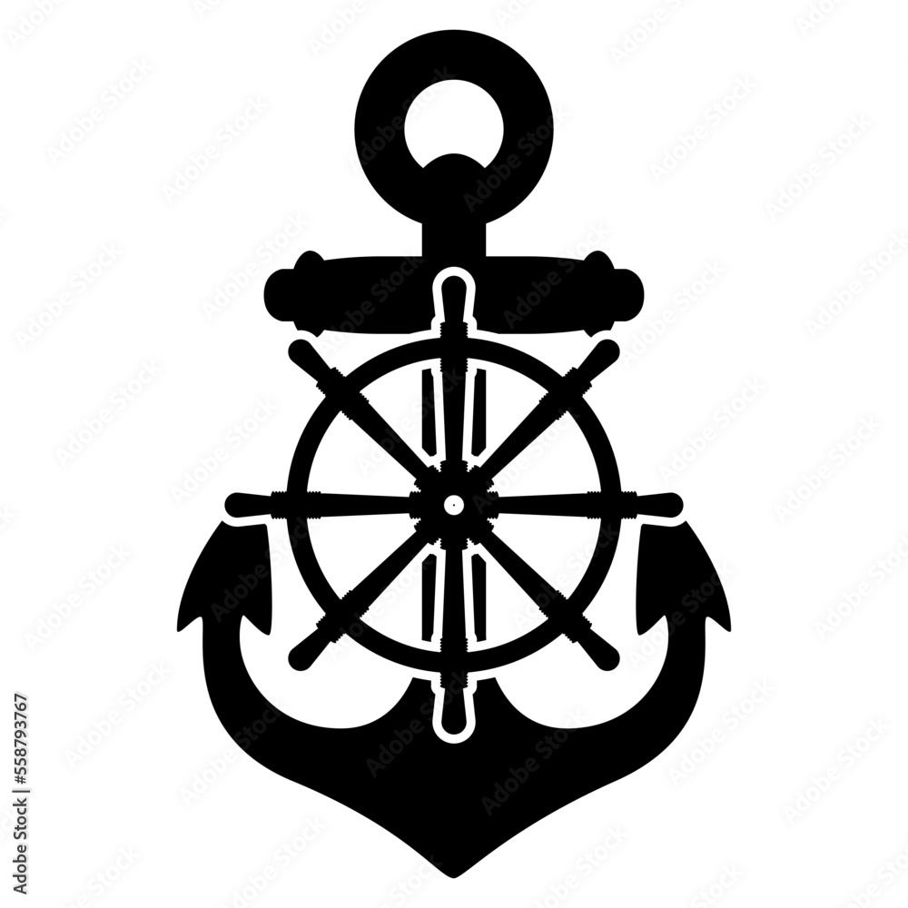 Anchor with Ship Steering Wheel Silhouette Anchor with Ship Steering Wheel Silhouette