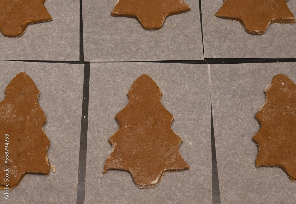 preparation of small cookies from dough in the shape of a Christmas tree and a star. Shallow depth of field