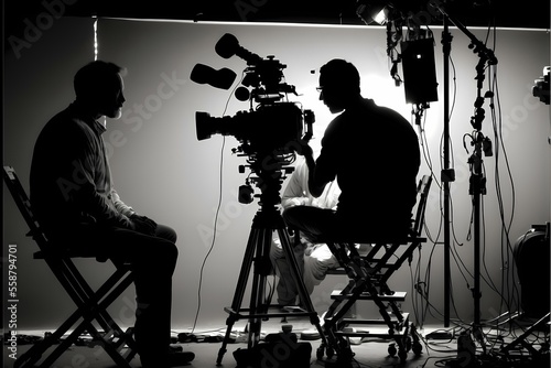 ﻿A couple of men sitting on stools with cameras and a camera - Generative AI