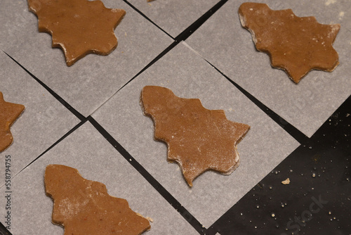 preparation of small cookies from dough in the shape of a Christmas tree and a star. Shallow depth of field photo