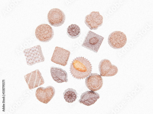 Stippled chocolate. Background for valentine's day. Flat lay, top view