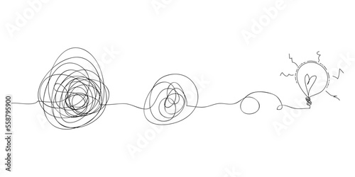 scribble line doodles. the concept of transition from complicated to simple with bulb lamp, isolated on white background. vector illustrations