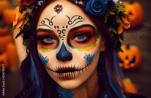 Portrait of a woman wearing beautiful Day of the Dead costumes and skull makeup