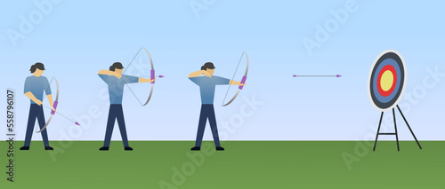 step-by-step archery, archery tutorial vector illustration, how to basic doing archery, how to shoot an arrow with bow, bow and arrow, target board 