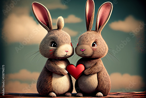 Cute cartoon rabbit couple holding red heart with blue sky background in Valentines day concept. 3D style art. Generative AI