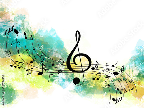Staff with music notes and other musical symbols on color background