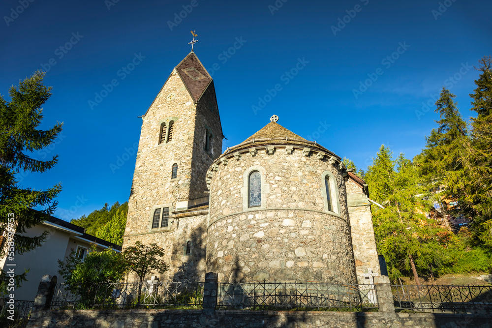Stone church in St Moritz, Engadine valley, Swiss Alps, Switzerland