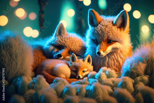 Couple of foxes and their baby, plushes made of fur and yarn cuddling, colored light background. Generative AI. © QC Creations