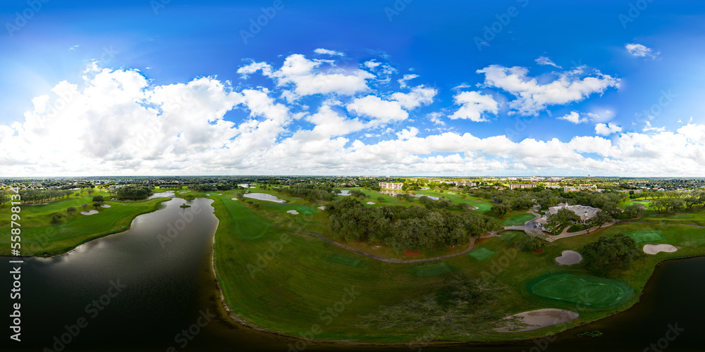 Aerial 360 equirectangular photo of Grande Oaks Golf Club f ilming