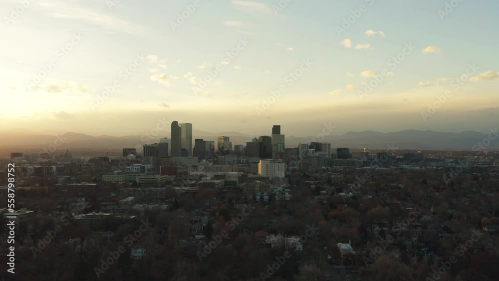 Denver City Sunset Aerial with Mountains
