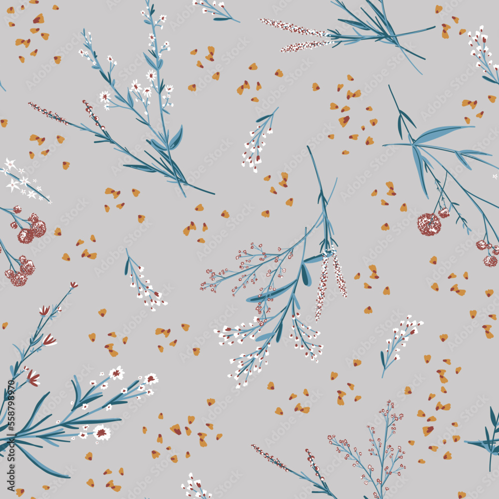 Fototapeta premium Floral blossom seamless pattern. Trendy field colorful vector texture. Blooming botanical motifs scattered random. Ditsy print. Hand drawn artistic different wild meadow flowers on grey background