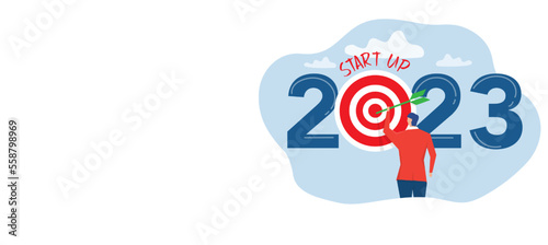 Businessman  target  button to start up new business in 2023 goals to sucess vector illustrator