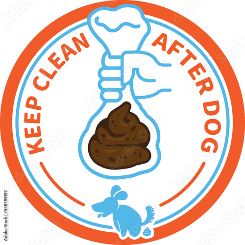 Hand holding bag with dog poop, please keep clean after your pet, pick up and take out. Decorative style line vector icon. Sticker.