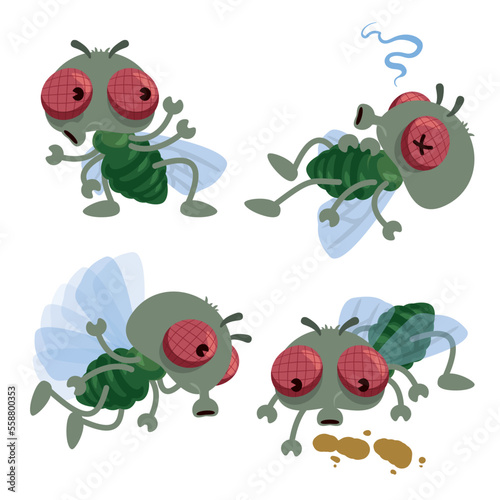 Set of cute little cartoon flies collection. Vector illustration.