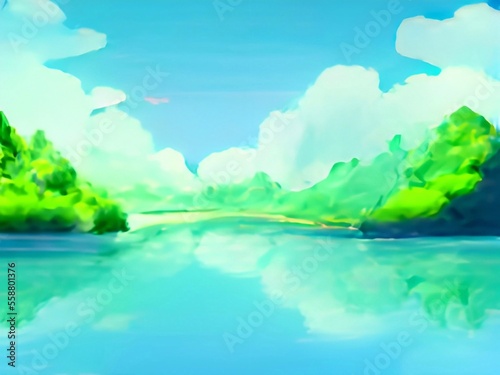 landscape with river 2d Anime background 